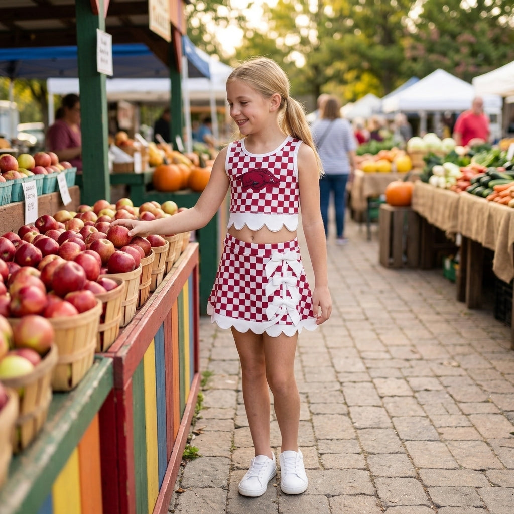 Sleeveless hog plaid scallop girls team active wear set