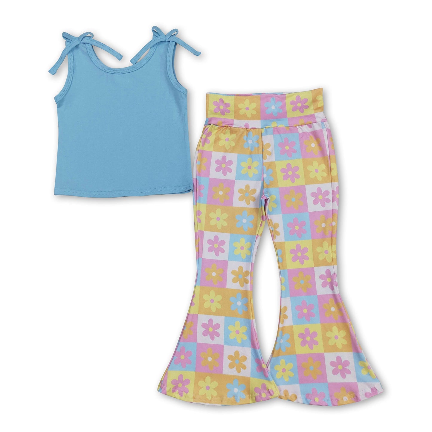 Sleeveless cotton top floral plaid pants girls clothing