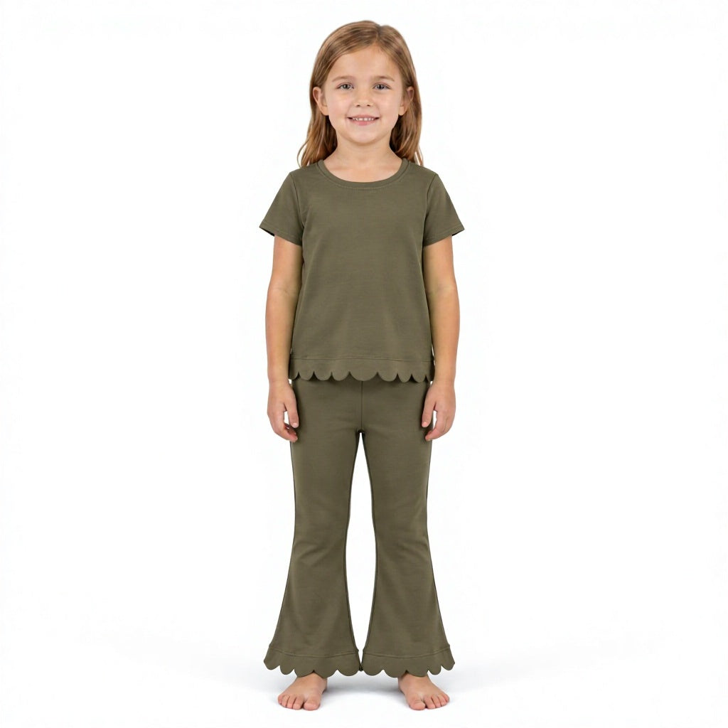 Olive short sleeves scallop top pants girls outfits