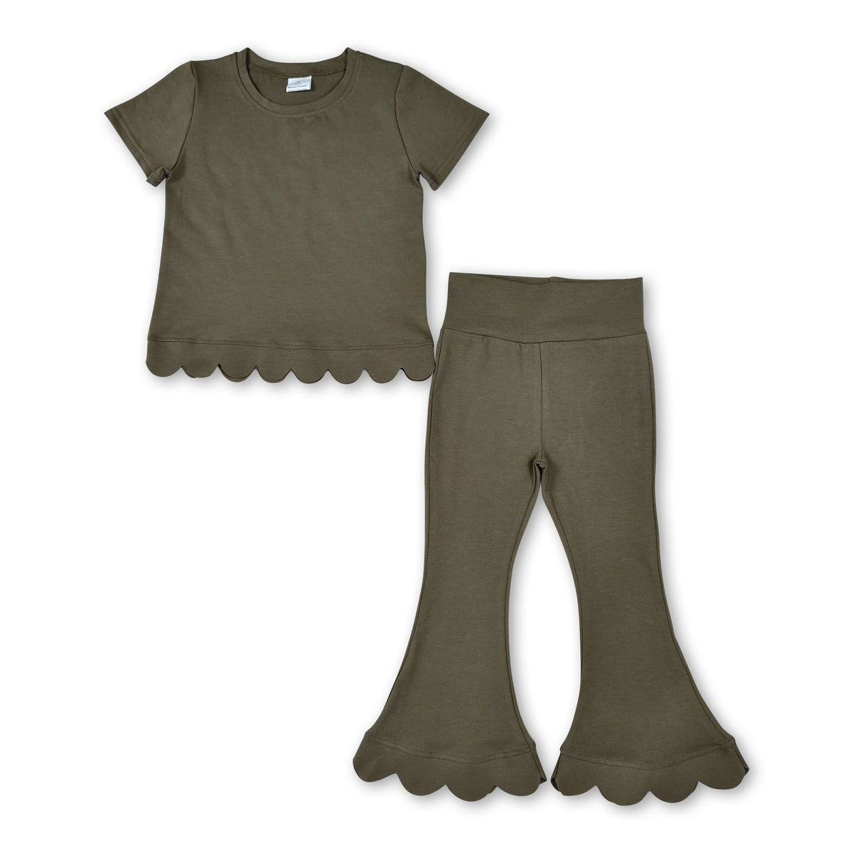 Olive short sleeves scallop top pants girls outfits