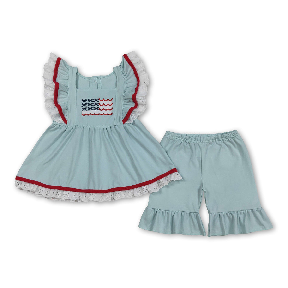 Flag embroidery tunic shorts girls 4th of july outfits