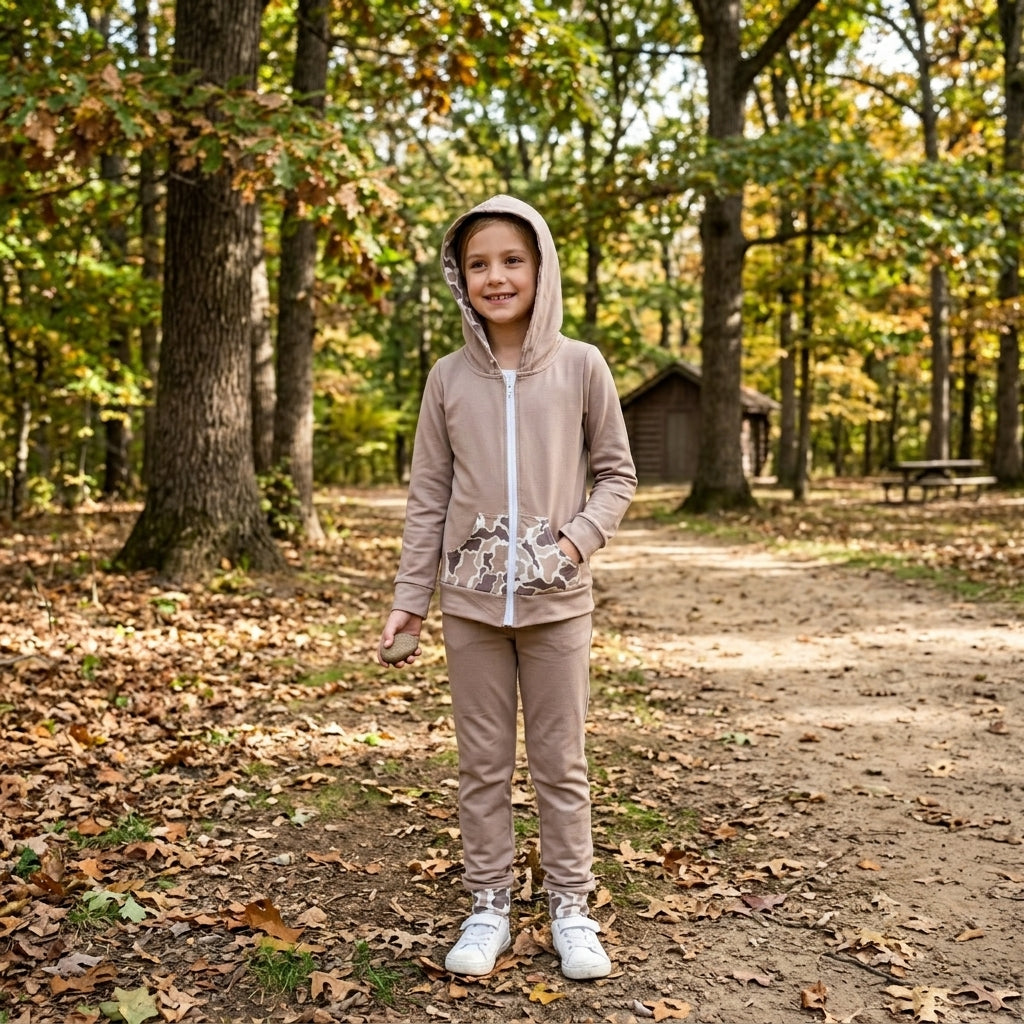Long sleeves pocket deer camo girls hooded jacket