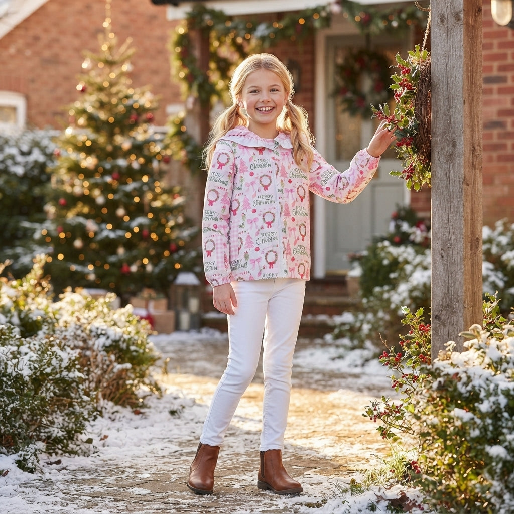 Merry Christmas pink bow kids girls hooded jacket