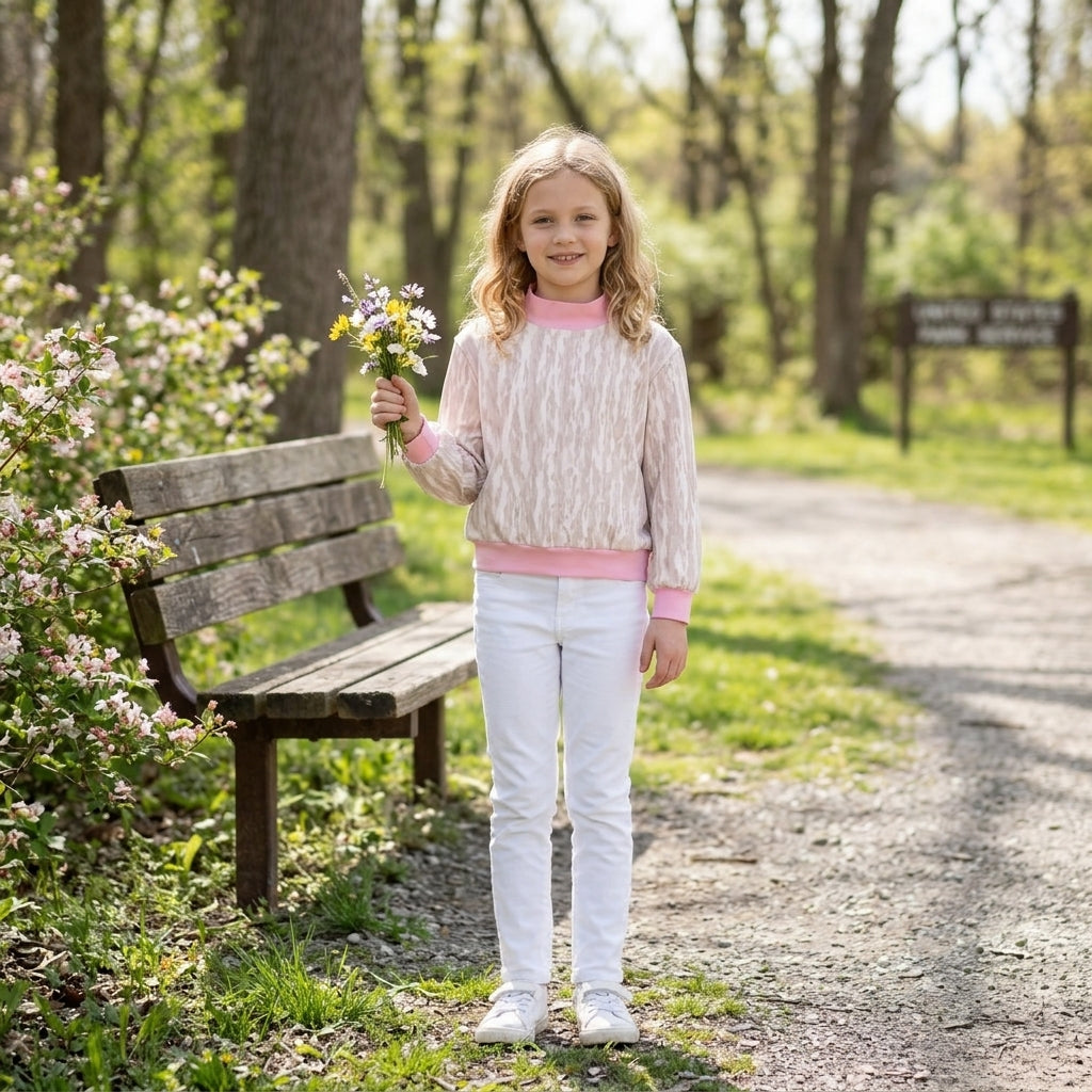 Pink long sleeves camo mock neck kids girls active top