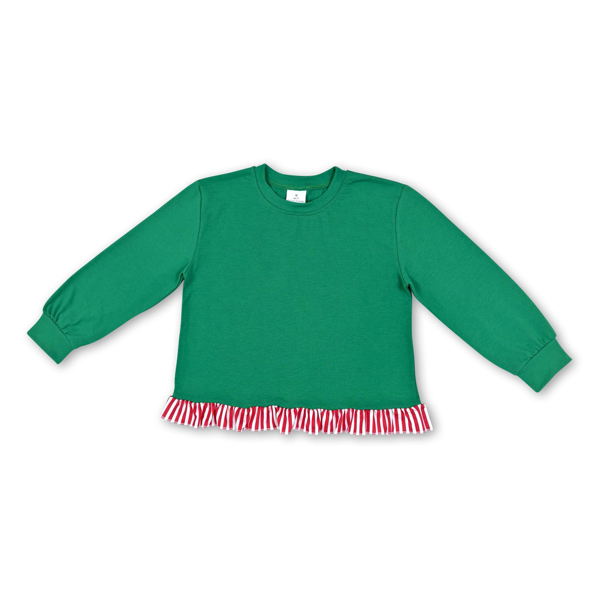 Long sleeves red stripe green cotton girls Christmas top