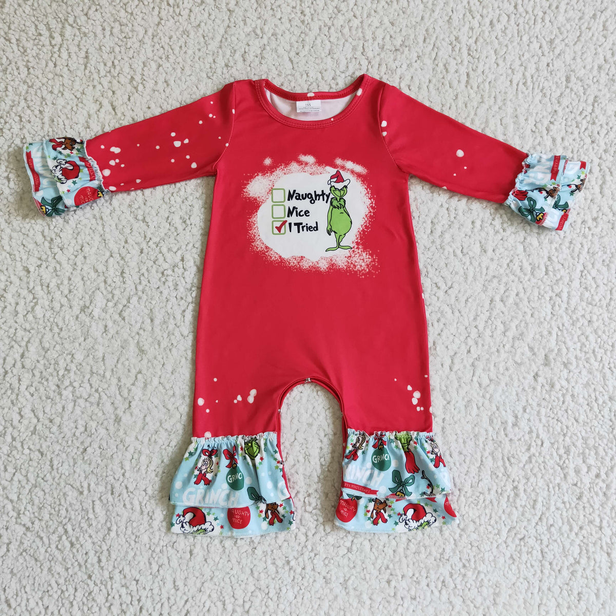 Naughty or nice green face baby girls Christmas romper