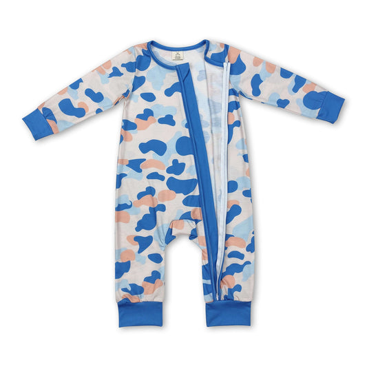 Blue camo long sleeves baby boy zipper romper