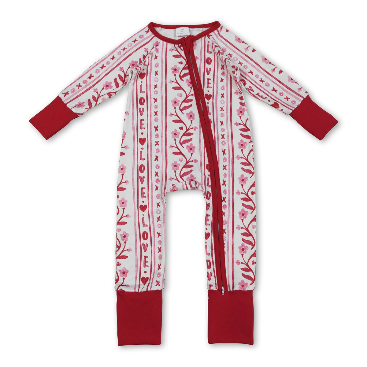 Red heart love floral baby girls Valentine's zipper romper