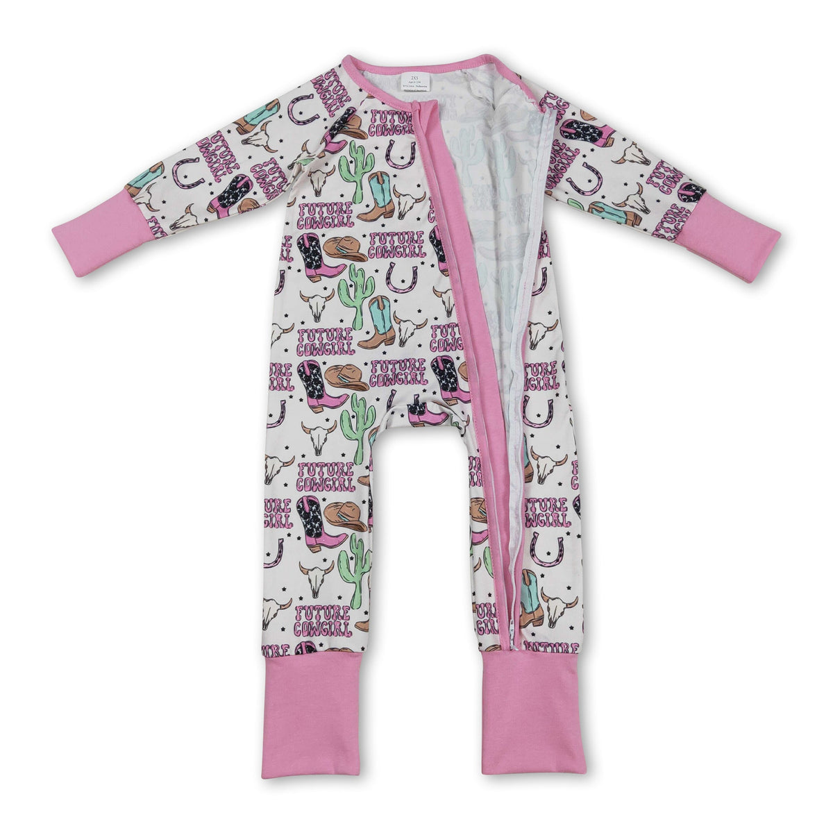 Long sleeves boots bull skull western baby girl zipper romper