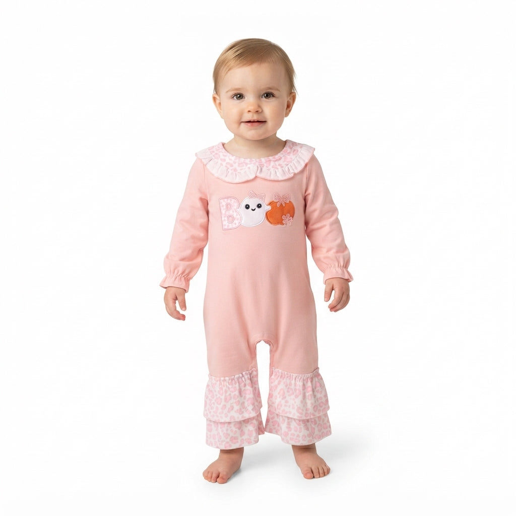 Ghost boo pumpkin leopard baby girls Halloween romper