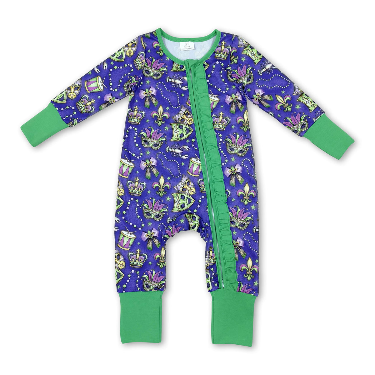 Necklace bow ruffle baby girls Mardi Gras zipper romper