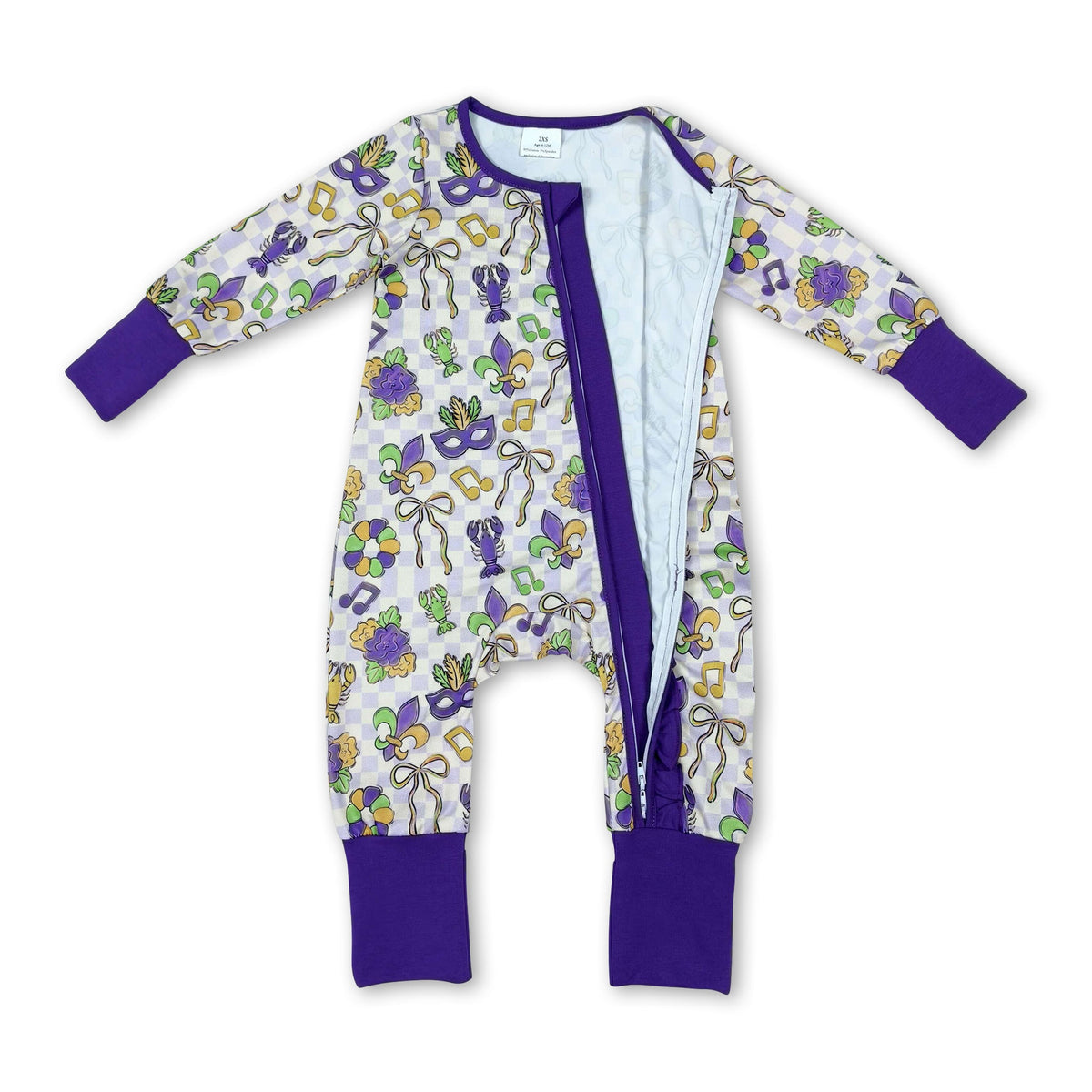 Plaid bow crawfish baby girls Mardi Gras zipper romper