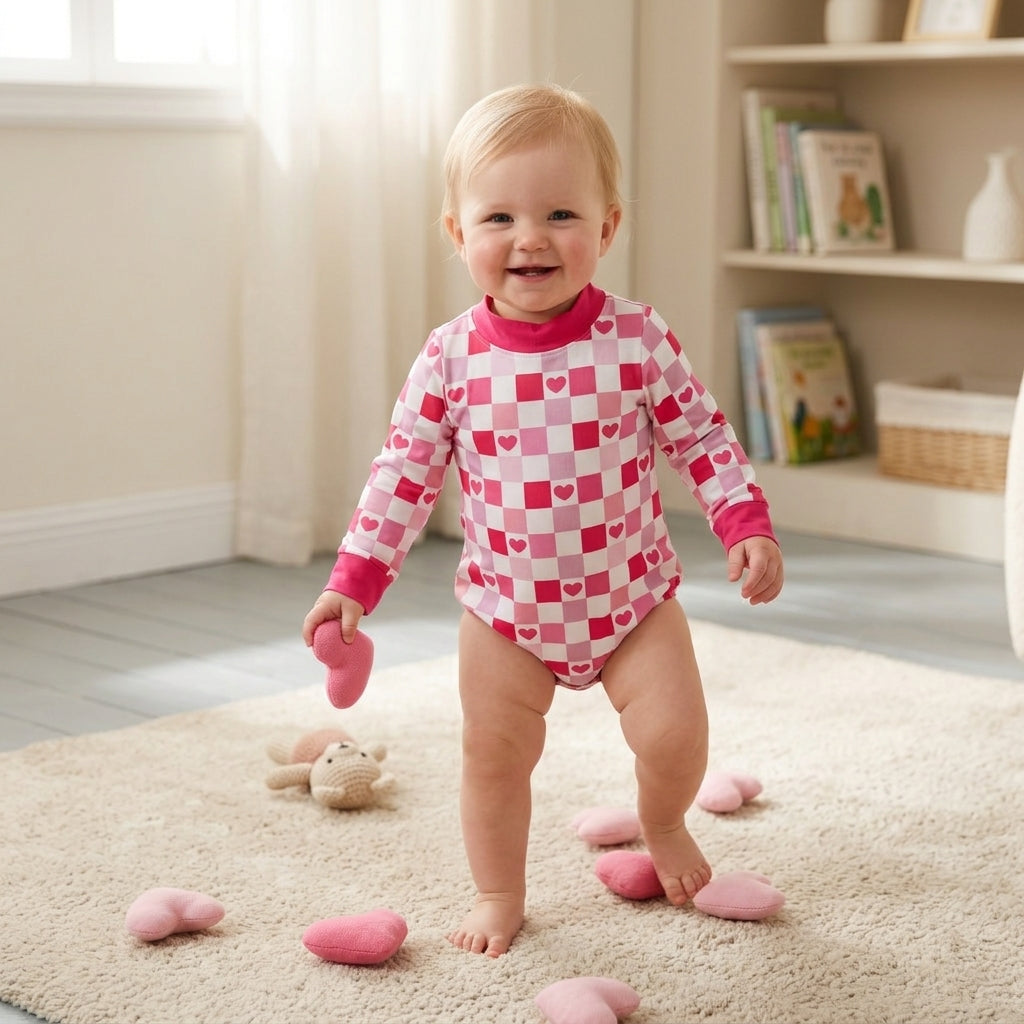 Hot pink mock neck heart baby girls Valentine's romper