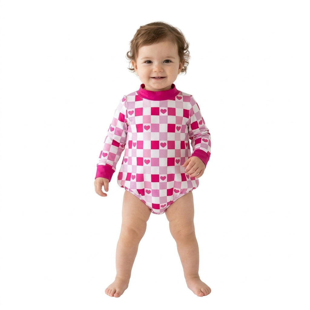 Hot pink mock neck heart baby girls Valentine's romper