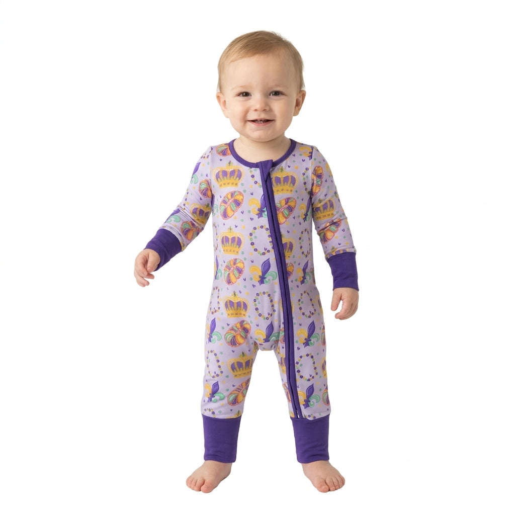 Purple ruffle crown donut girls Mardi Gras zipper romper