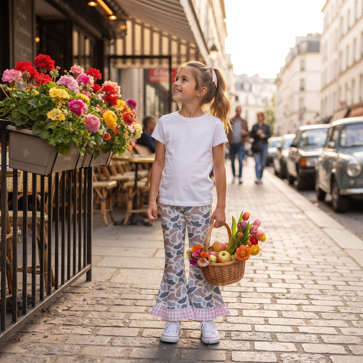 Pink plaid ruffle grey camo kids girls bell bottom pants