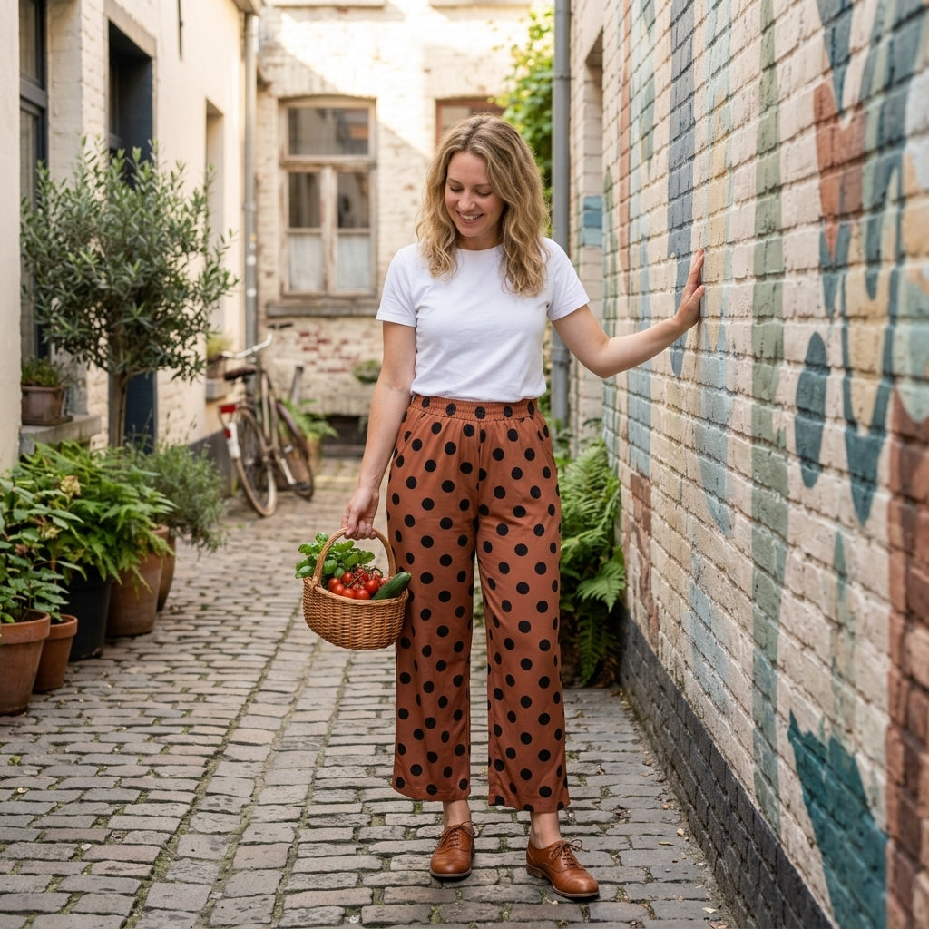 Brown black polka dots adult women pants