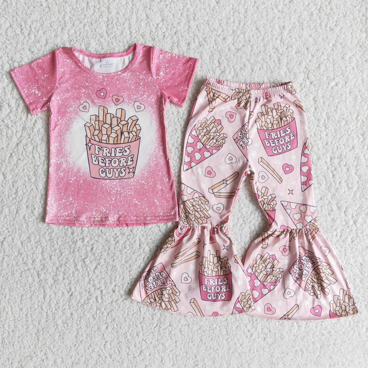Fries before guys heart print shirt bell bottom pants girls valentine's outfits