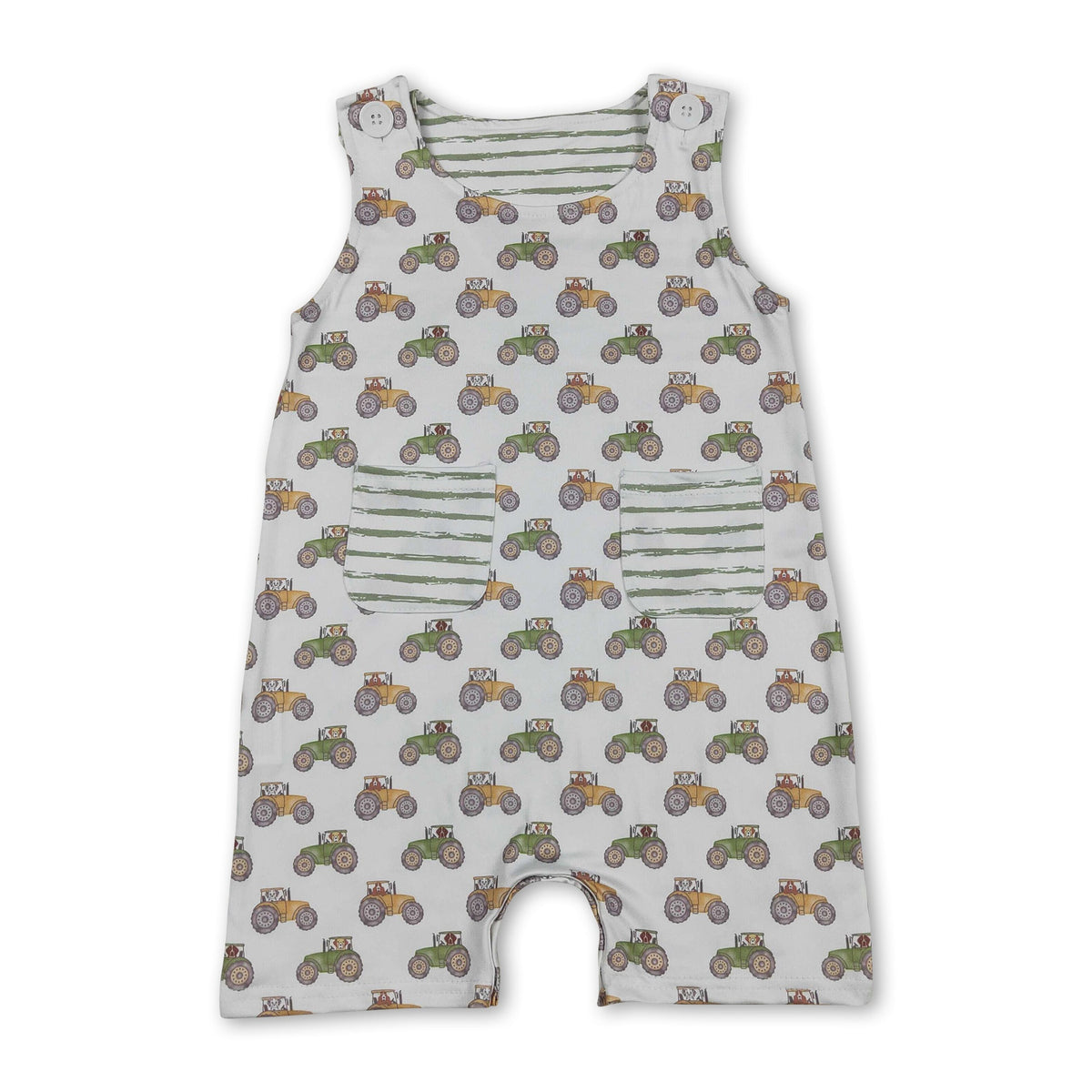 Sleeveless tractor stripe pocket baby boy romper