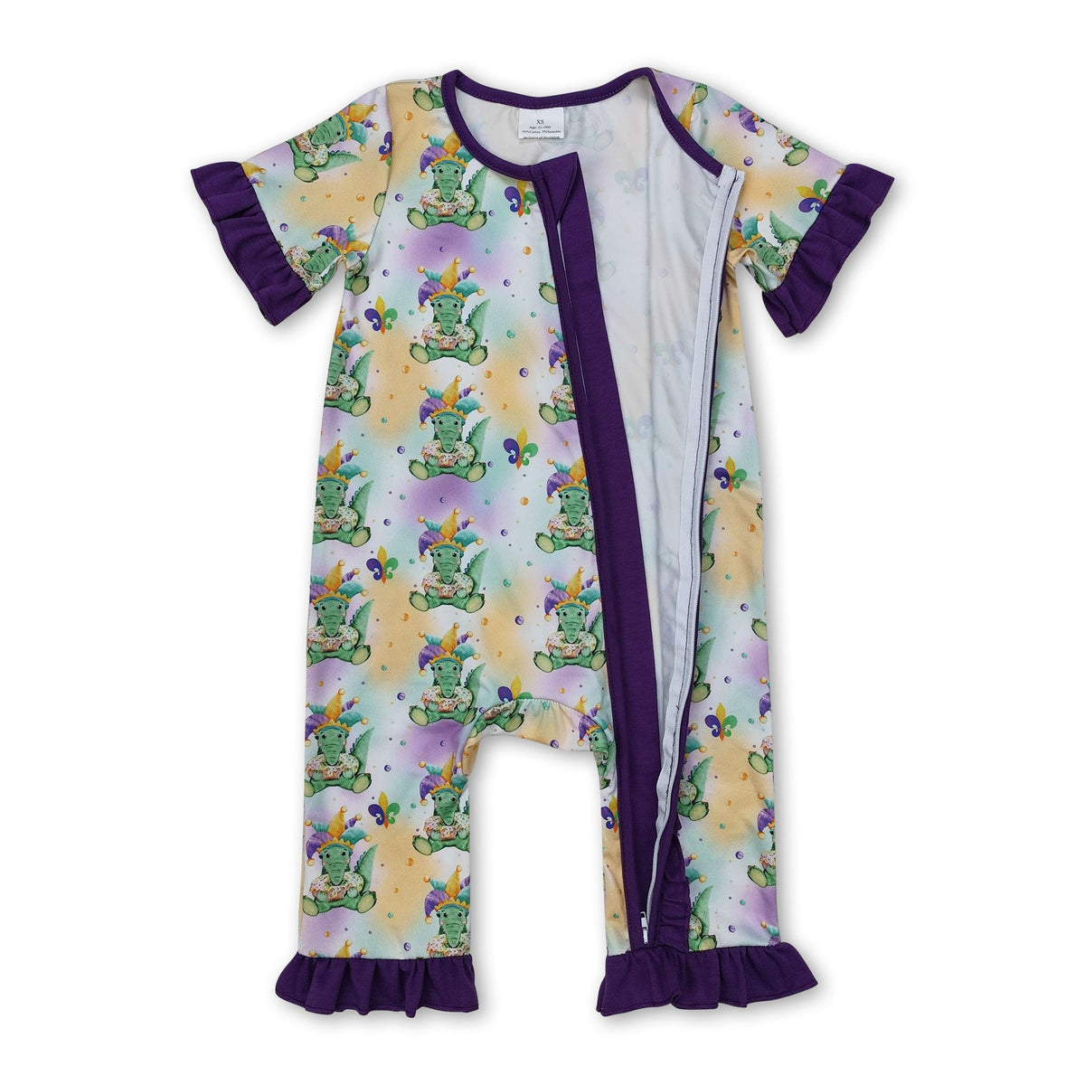 Purple short sleeves alligator baby girls Mardi Gras zip romper