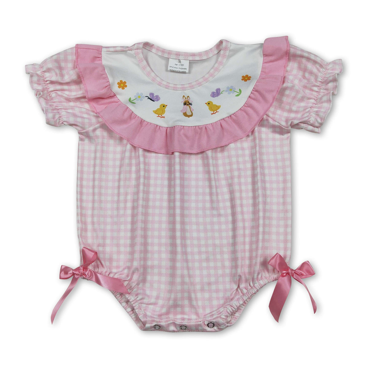 Pink plaid short sleeves chicken bunny baby girl Easter romper