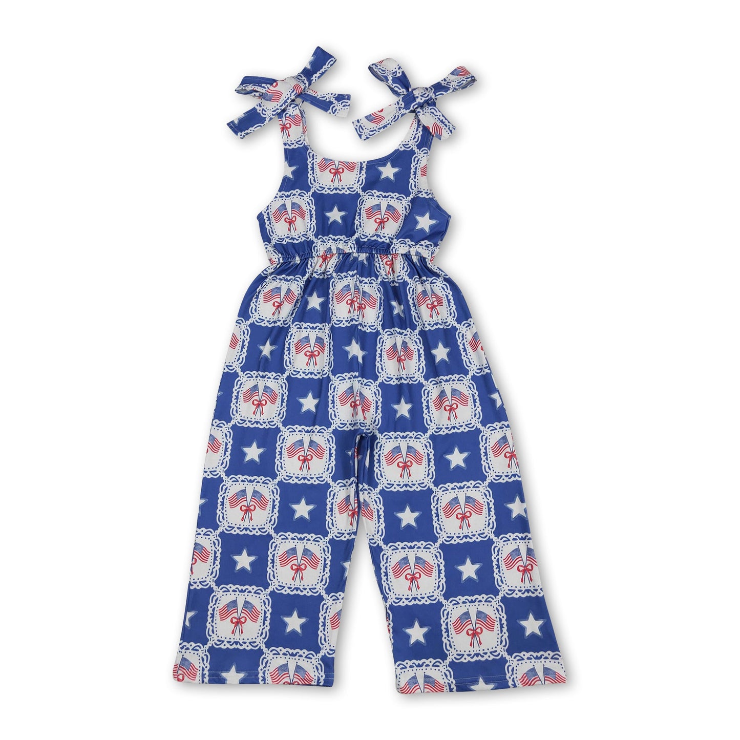 Straps flag bow stars kids girls 4th of july jumpsuit