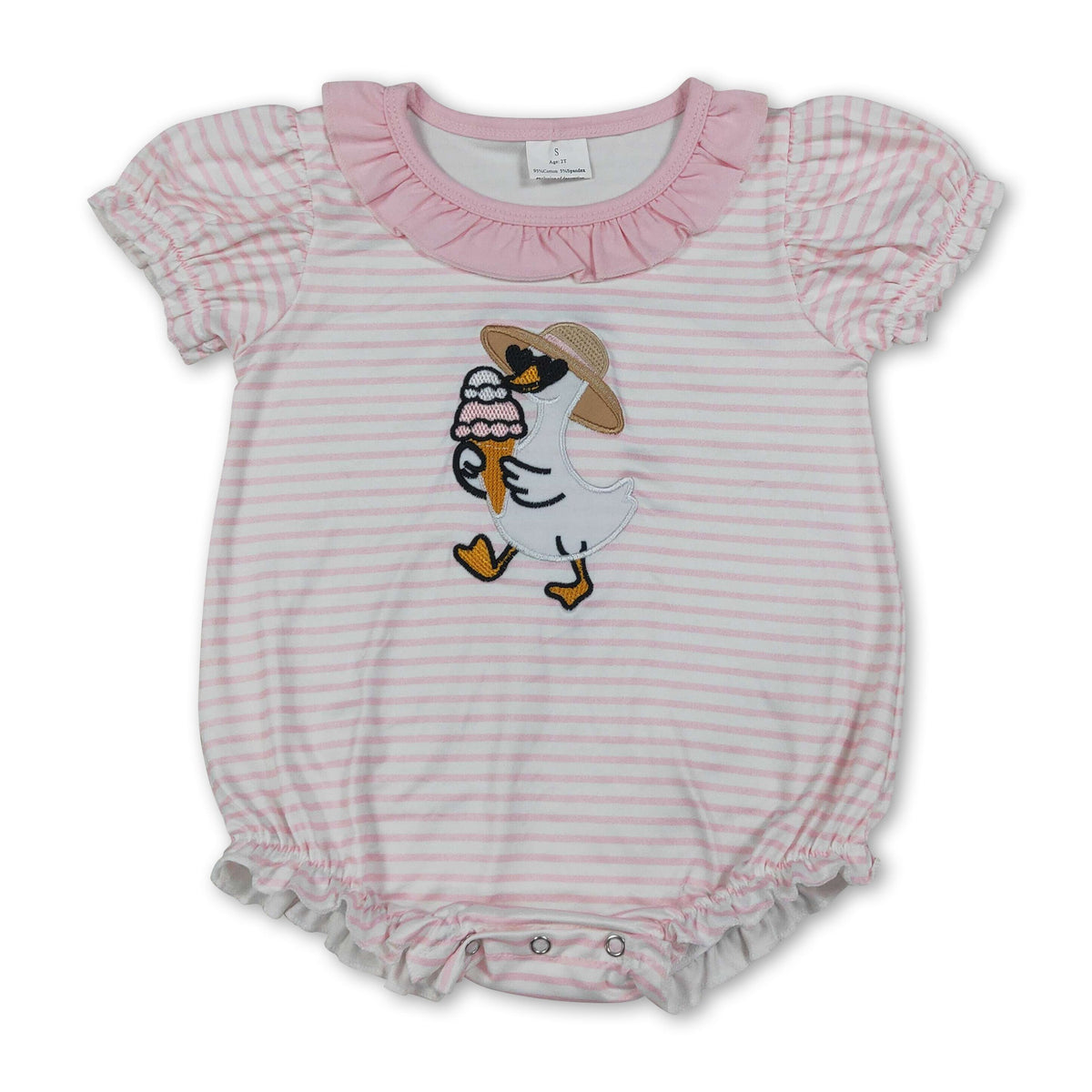 Pink ruffle stripe goose ice cream embroidery girls romper
