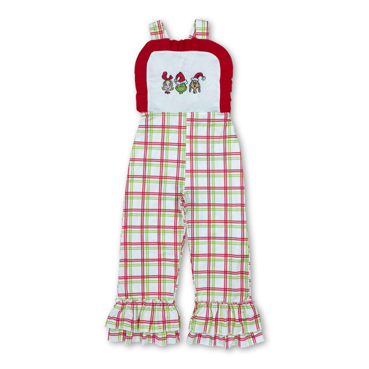 Straps ruffle green face plaid girls Christmas overalls