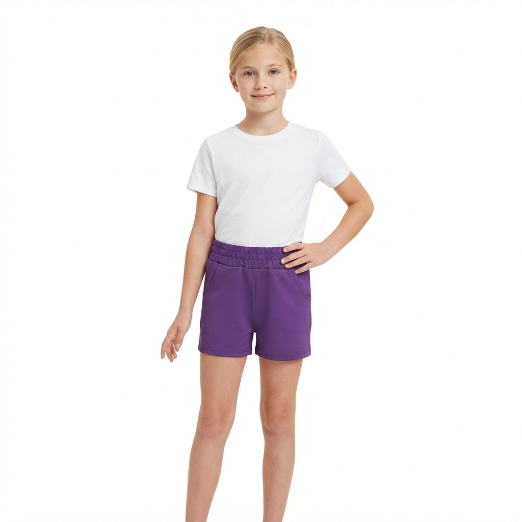 High waist purple pockets kids girls tight active shorts