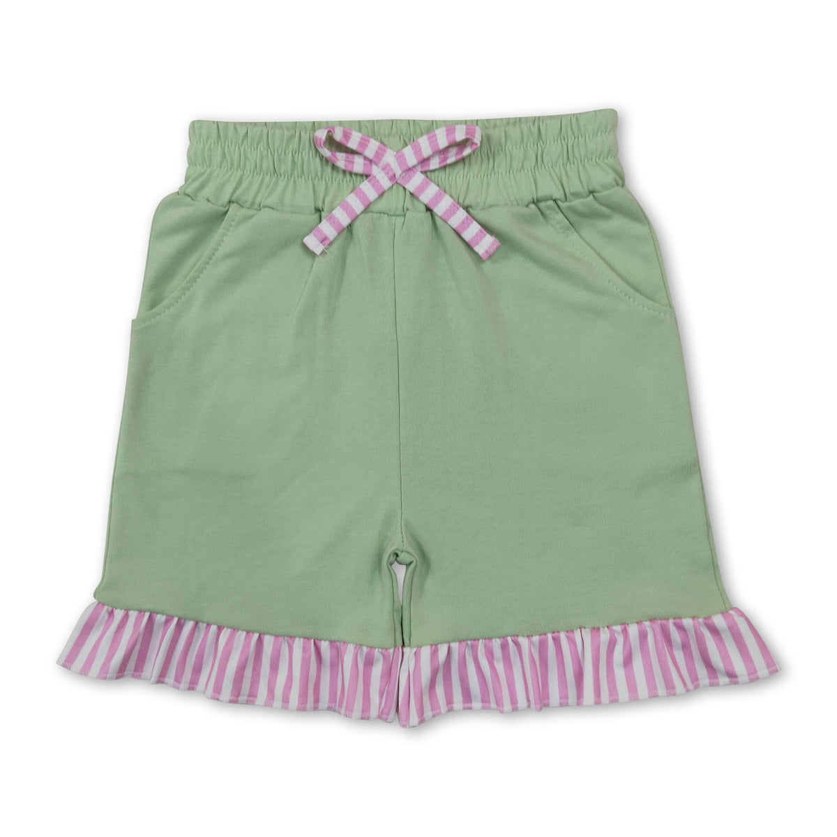 Pink stripe green ruffle cotton pockets kids girls shorts