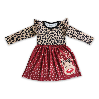 Leopard reindeer screen print girls Christmas dresses