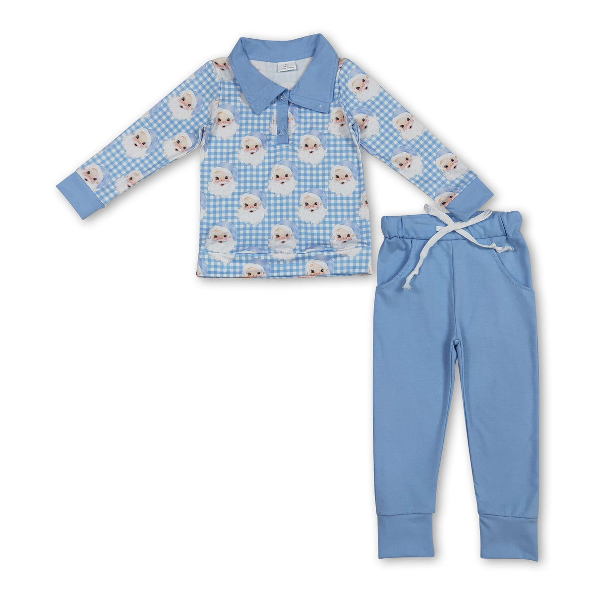 Blue plaid santa pullover pants boys Christmas outfits