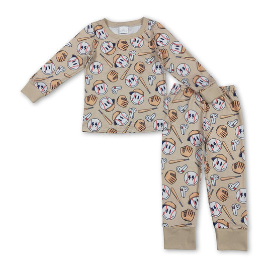 Khaki long sleeves baseball baby kids pajamas set