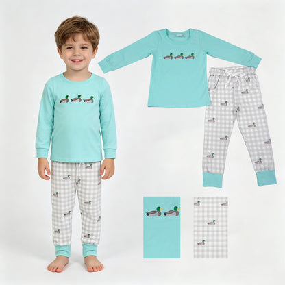 Long sleeves duck embroidery plaid pants kids boys outfits