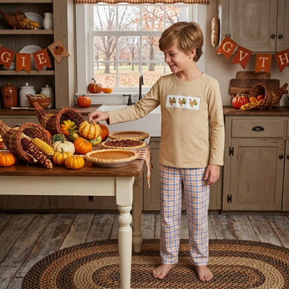 Turkey embroidery top plaid pants boys Thanksgiving set