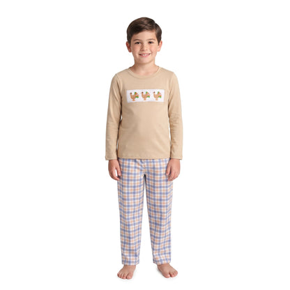 Turkey embroidery top plaid pants boys Thanksgiving set
