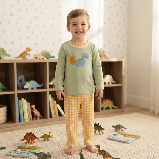 Dinosaur pumpkin embroidery top pants boy fall outfits