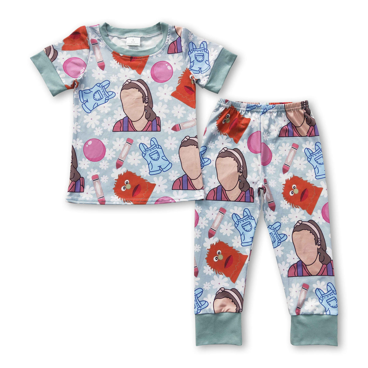 Pencil blue overalls teacher print baby kids pajamas