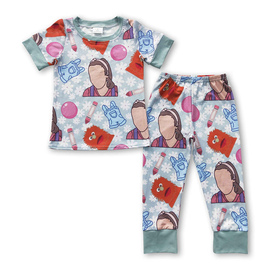 Pencil blue overalls teacher print baby kids pajamas