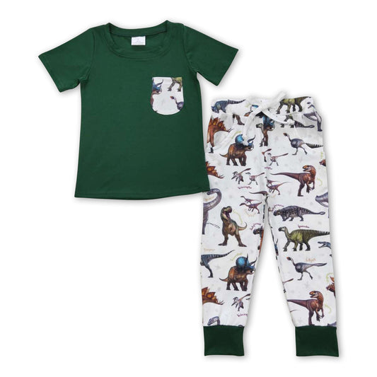 Green pocket top dinosaur pants kids boy outfits