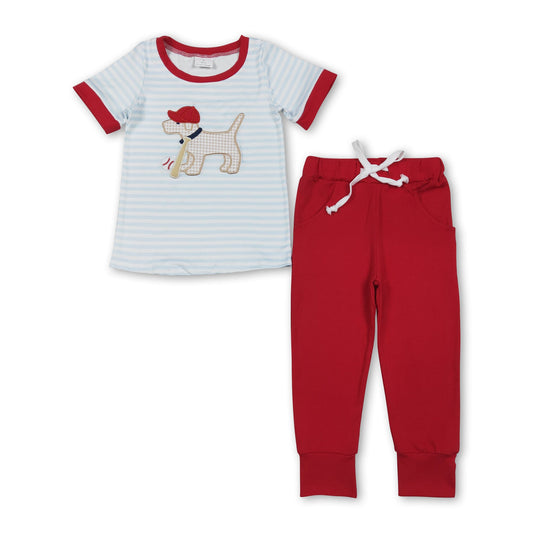 Stripe plaid dog baseball embroidery top pants boys outfits
