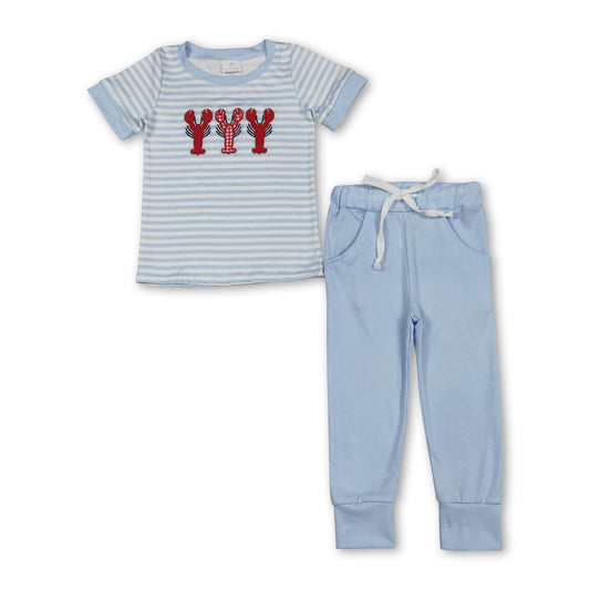 Stripe crawfish embroidery top pants boys clothing set