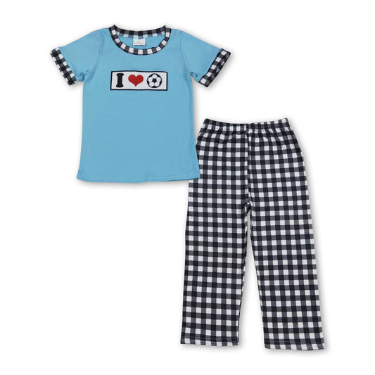 I love soccer embroidery top plaid pants boys clothes