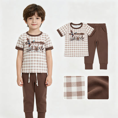 Short sleeves plaid duck plaid top pocket pants boys outfits