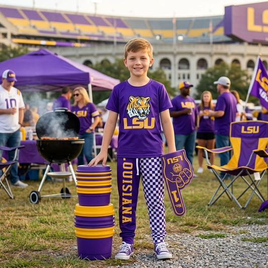 Short sleeves purple tiger top plaid pants kids boys team outfits