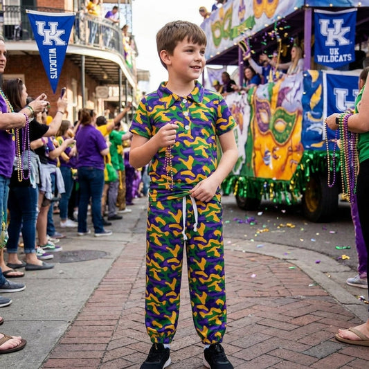 Camo polo shirt pockets pants boys Mardi Gras outfits