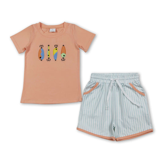 Short sleeves fishing top stripe shorts kids boys outfits