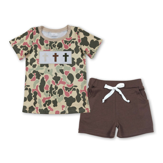 Cross embroidery camo top shorts kids boys Easter outfits