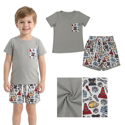 Grey short sleeves pocket top tools shorts boys outfit