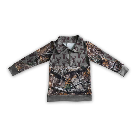 Deer camo print boy zipper pullover